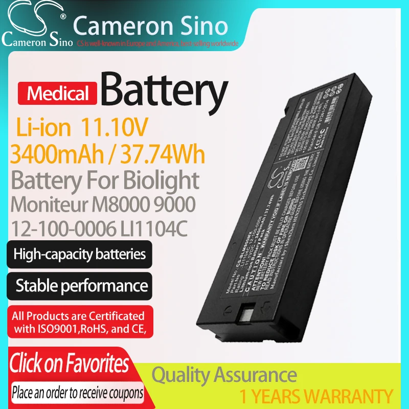 

CameronSino Battery for Biolight M8000 M9000 M9500 fits 12-100-0006 LI1104C M66 Medical Replacement battery 3400mAh/37.74Wh