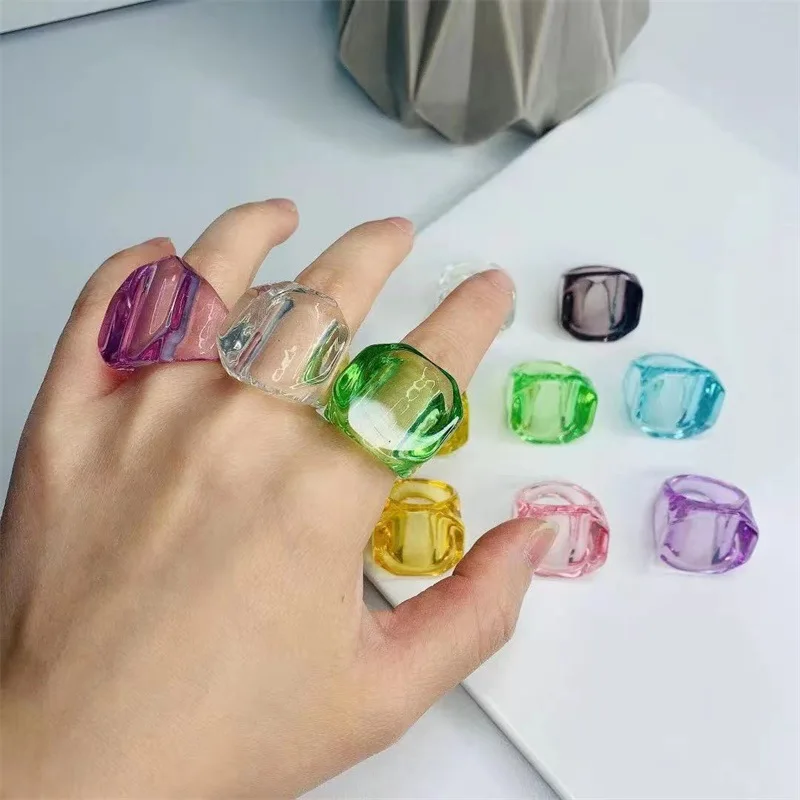 New Korean Transparent Colorful Acrylic Resin Geometric Irregular Hexagon Finger Rings For Women Girl Party Wedding Jewelry Gift