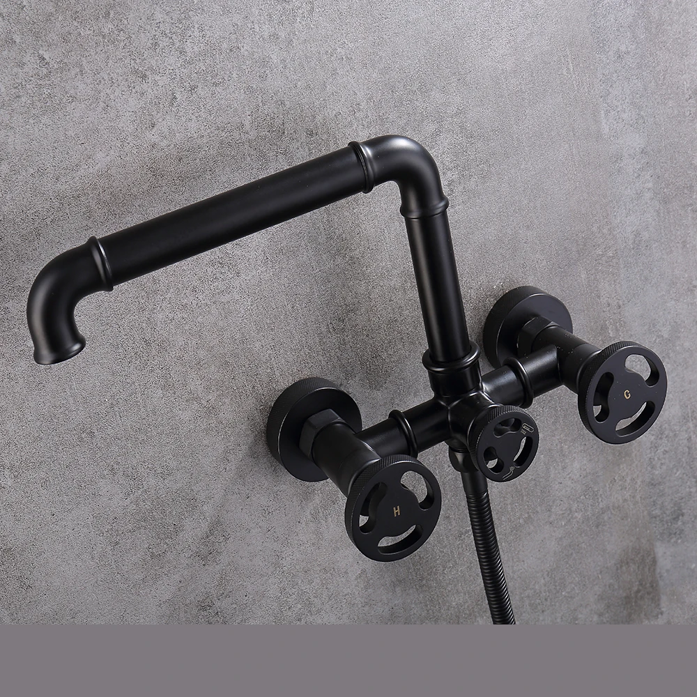 Imagem -03 - Banheira Torneira do Chuveiro Conjunto Moderno Industrial Ins Preto Banheiro Misturador do Chuveiro de Bronze Dupla Alça Fixado na Parede com Chuveiro Mão