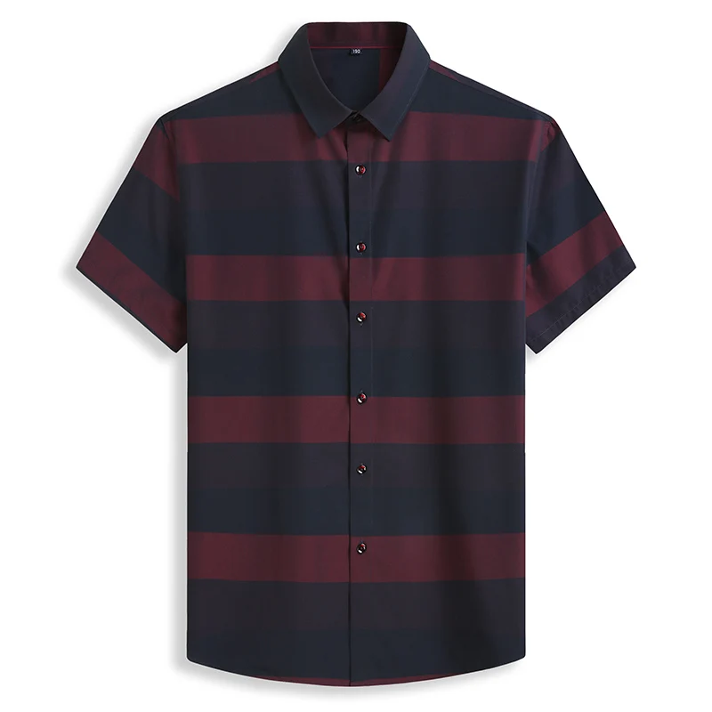 SHAN BAO High Quality Bamboo Fiber Striped Loose Short Sleeve Shirt 2022 Summer Brand Youth Men\'s Casual Shirt Navy Blue Red