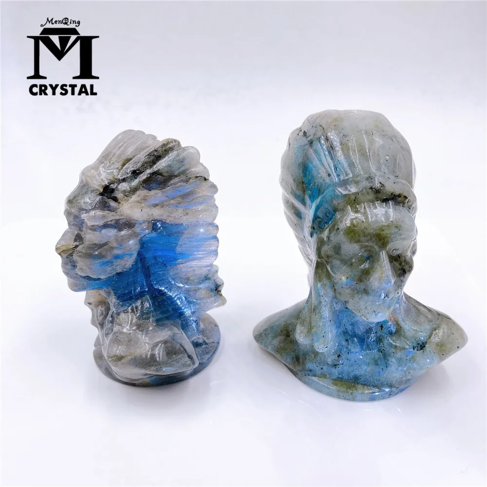 Hand Carving Natural Labradorite Crystal Stone Statues Healing Gemstone American Indian Chief Sculpture Home Decoration Gift