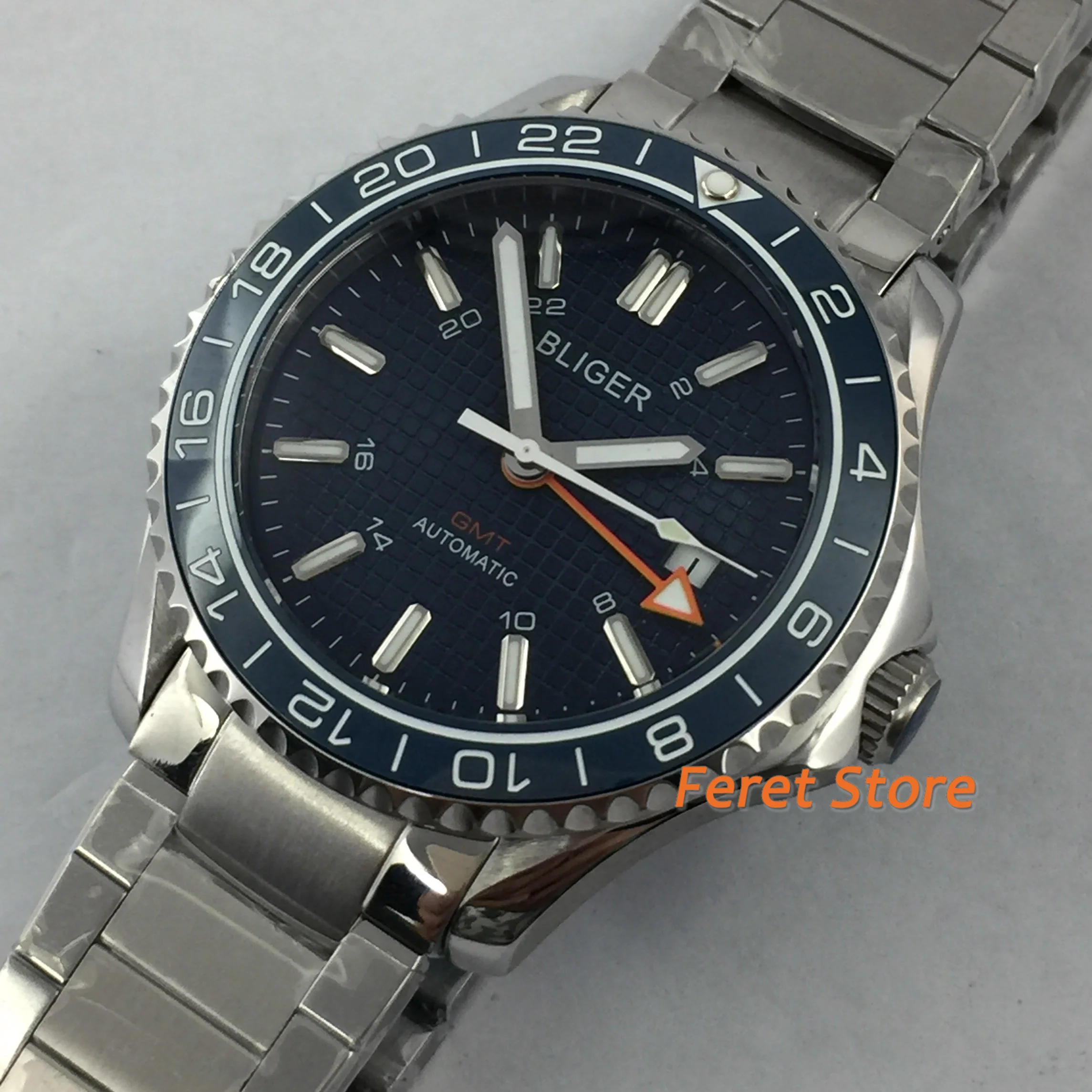 

BLIGER new 41mmTop Business GMT Mechanical Watch Sapphire Crystal Blue Dial Ceramic Bezel Date Luminous Men's Automatic Watch