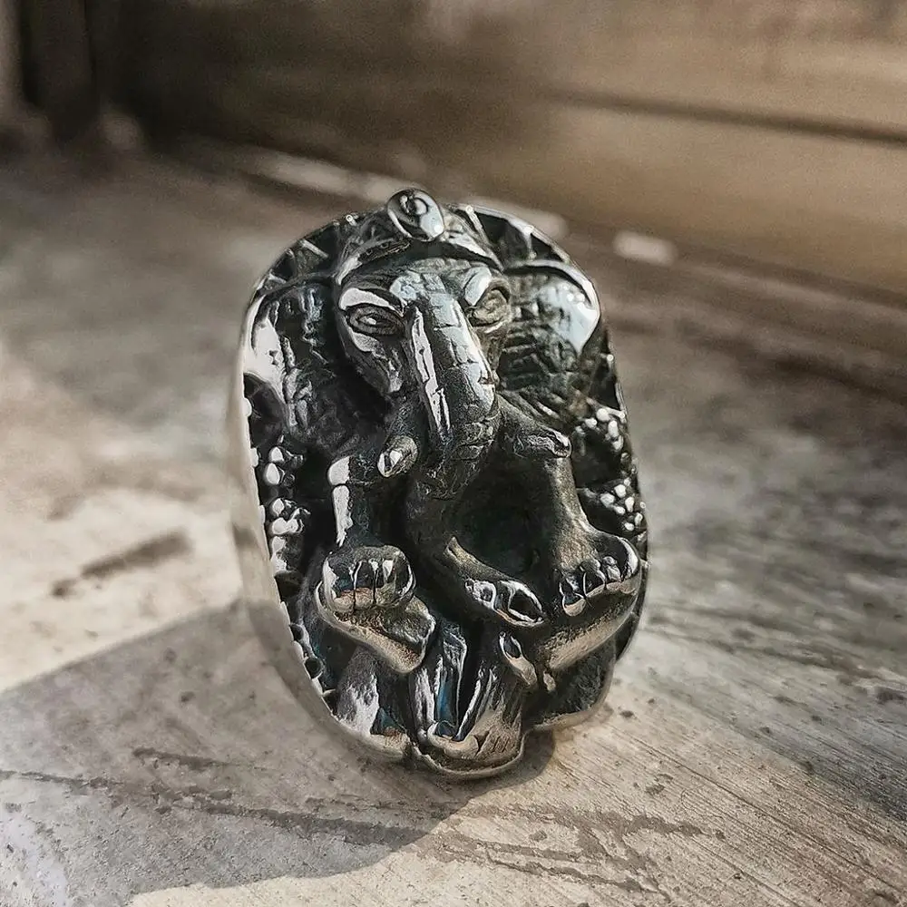 EYHIMD Classic Wisdom Luck Elephant God Ganesha Ring Mens Stainless Steel Amulet Ring Punk Biker Jewelry