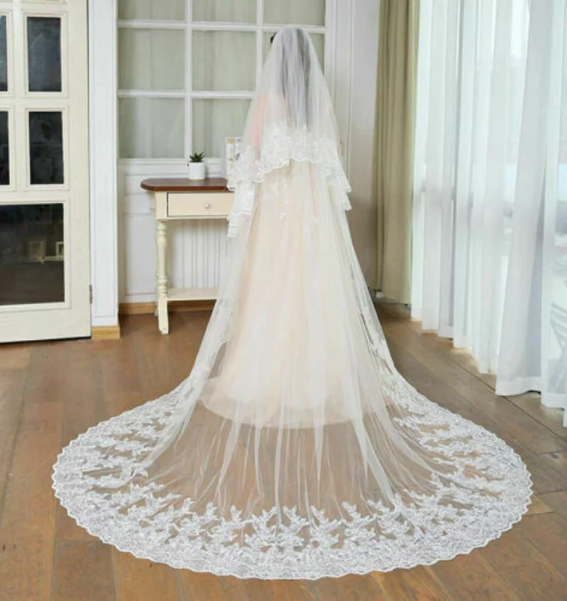 Voile de mariée long en dentelle, de luxe, avec peigne, 3m, 2 étages, voile de mariage blanc ivoire, accessoires de mariage