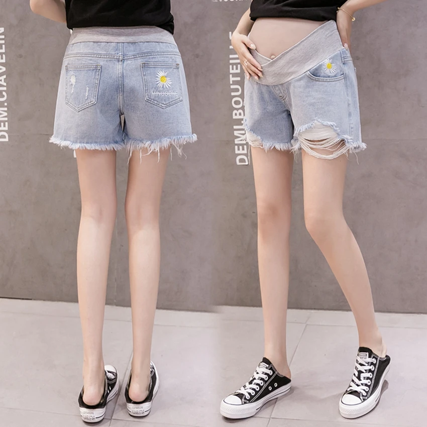 Maternity pants denim shorts ladies loose season Korean version of the wild a word wide leg small daisy stomach lift pants