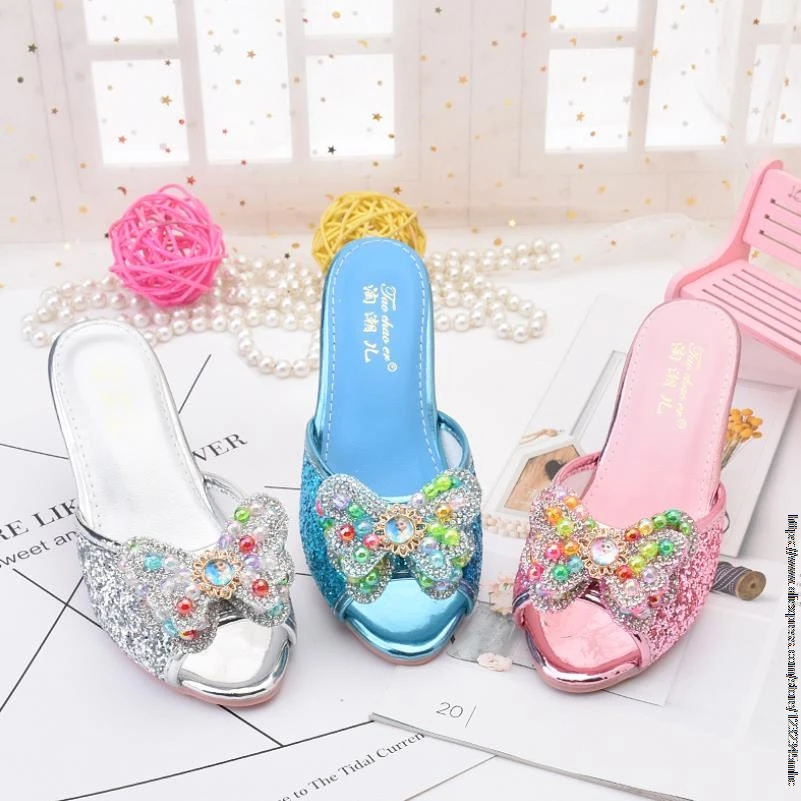 Disney Girls Slipper Rhinestone Butterfly Latin Dance Kids Shoes Children High Heel Princess Shoes Glitter Leather Party Wedding