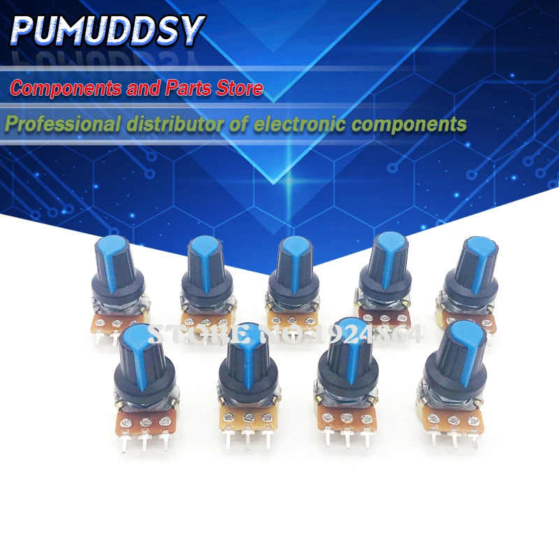 9PCS(1pcs*9 Value) Potentiometer WH148+15mm Shaft With Nuts And Potentiometer Button Cap for 1K 2K 5K 10K 20K 50K 100K 500K 1M