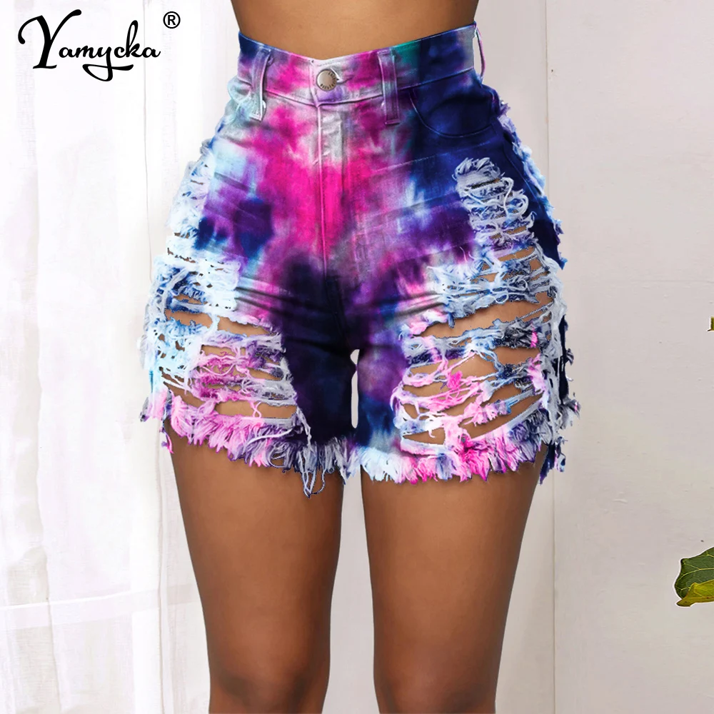 Sexy Tie Dye Print Gat Korte Jeans Vrouwen Zomer Hoge Taille Mode Casual Mini Denim Shorts Vrouw Jeans Korte Hot Jean Broek