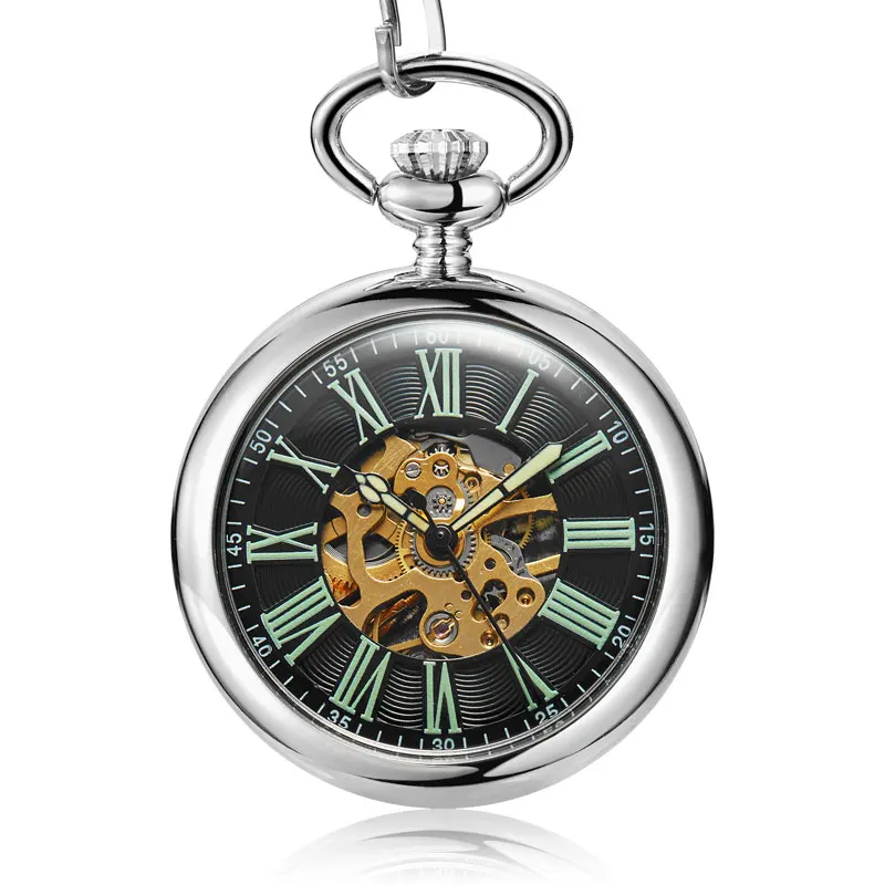 Hot Sale Antique Smooth Silver Skeleton Transparent Mechanical Pocket Watch For Men FOB Chain Hand Winding Reloj De Bolsillo