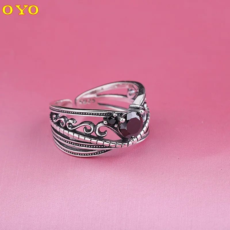 Manufacturers direct Thai silver small fresh hand ornaments S925 sterling silver jewelry women's open black zircon ring