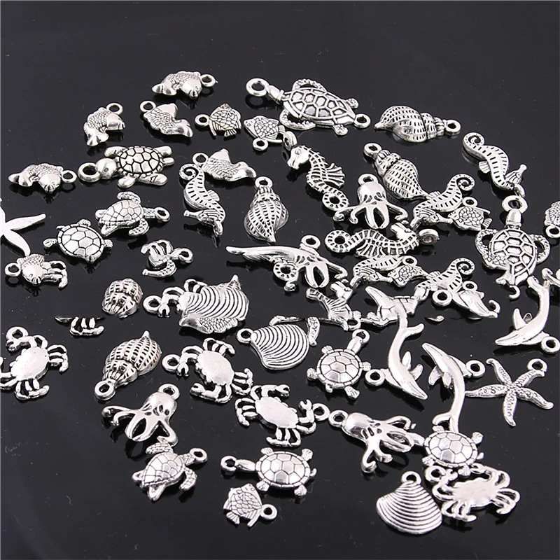 30pcs Mixed Ocean Animal Shell Charms Pendants Antique Silver Color for DIY Jewelry Making Bracelet Necklace Accessories
