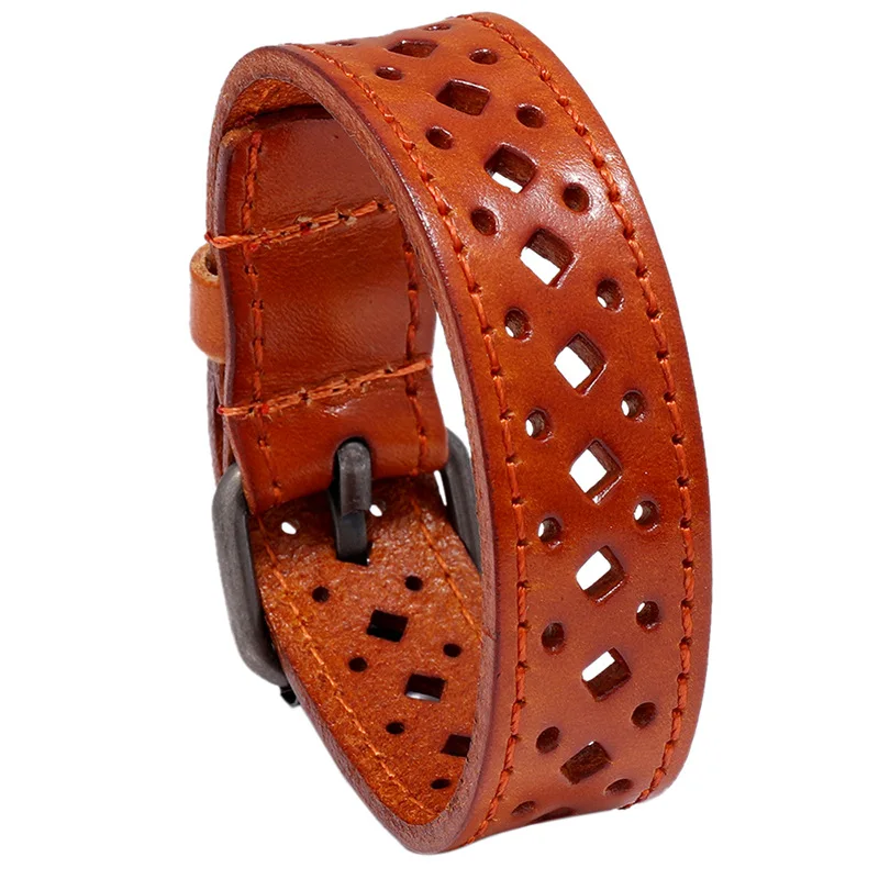 VOQ Creative Jewelry Wide Wristband Design Retro Hollow Genuine Leather Bracelet Adjustable Long Cuff Bangles pulseras