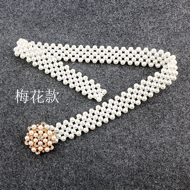 Women Elastic Pearl Belt Wide Decorative Dress Korean Fashion Versatile Waist Sweater Chain Casual Skirt White Accessories 68 85