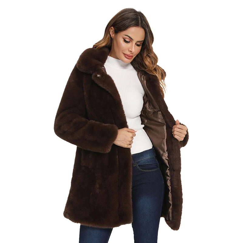 Giolshon Winter Women Faux Fur Lapel Coat Thick Warm Fuzzy Jacket Fleece Coat Faux Fur Fluffy Cardigan Long Overcoat Fourrure