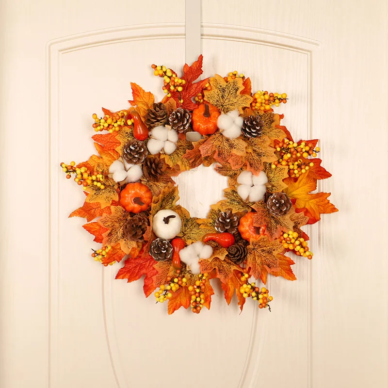 

Beautiful Artificial Wreaths Maple Leaf Cotton Pine Cone Flowers Round Simulation Garland Thanksgiving Party Decoration