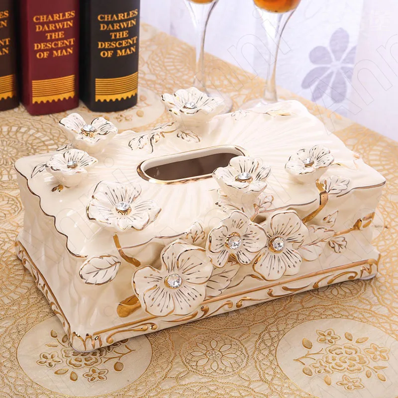 Golden Stroke Ceramic Tissue Boxes Carved Decorative Restaurant Napkin Box Living Room Draw Paper Organizer Home Decoration