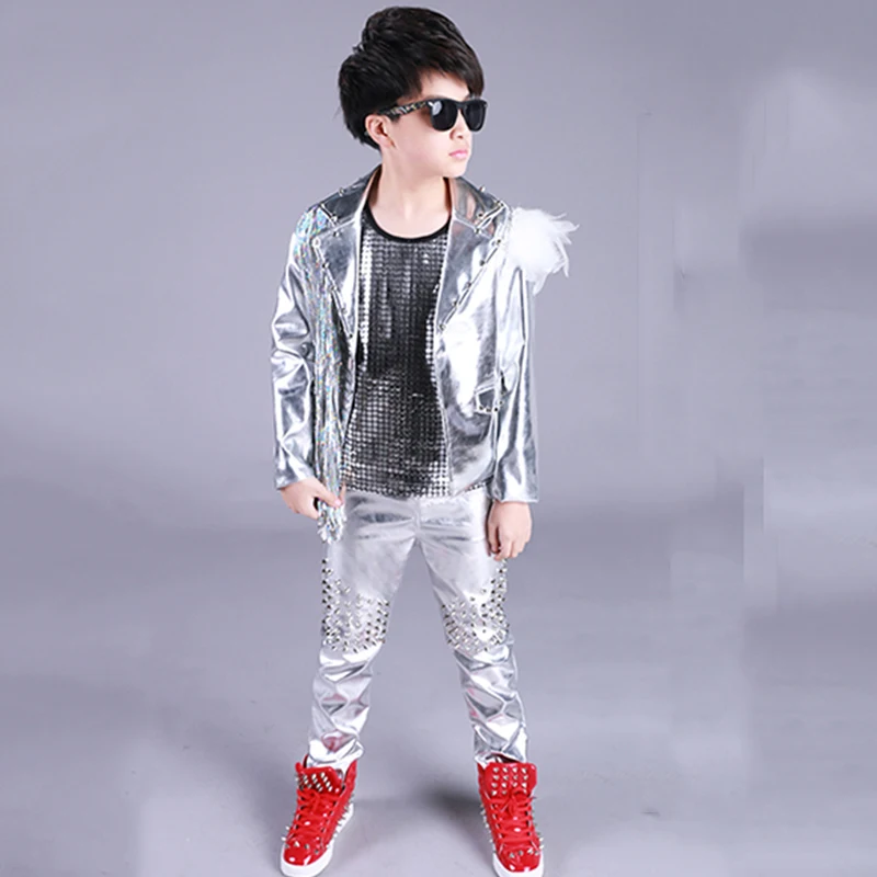 Hip Hop Costume Boys Silver Sequin Fringed Jacket Children Street Dancing Clothing Jazz Stage Wear Birthday Outfits Kids DN4975