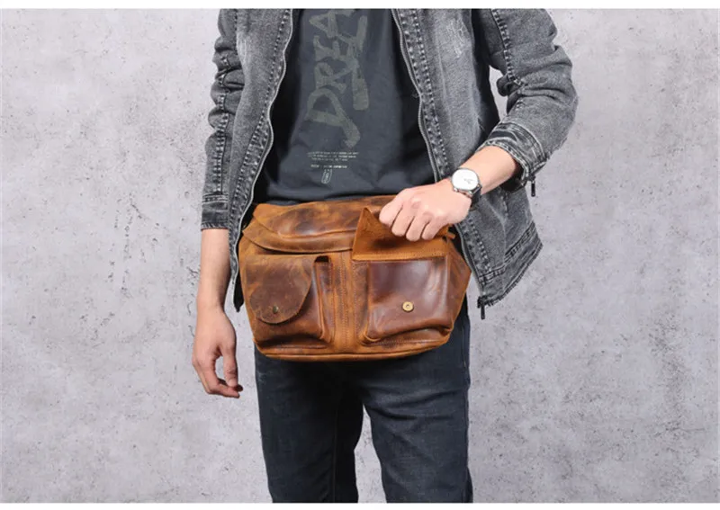 PNDME genuine leather large capacity men's chest bag retro crazy horse cowhide waist pack daily casual shoulder messenger bags