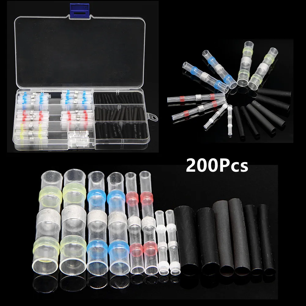 

200Pcs Heat Shrink Butt Wire Connectors Terminals Solder Seal Connector Waterproof Insulated Terminal Kit For Automotive Marine