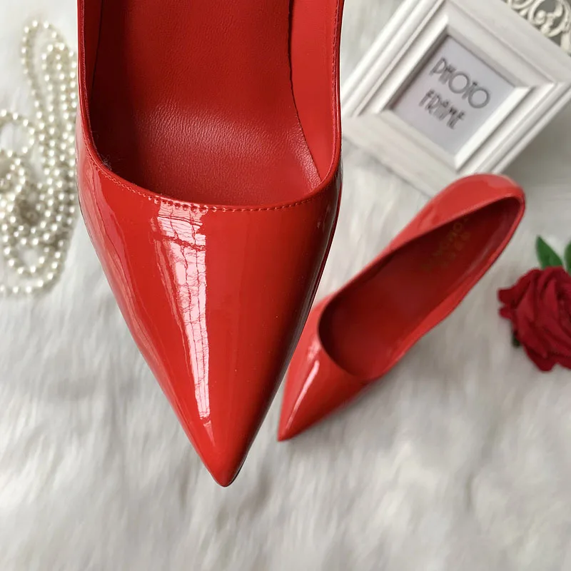 TOMONYE red patent pointed strange special thin heel women lady girl night club sexy heel shoes pump big small size 45,46