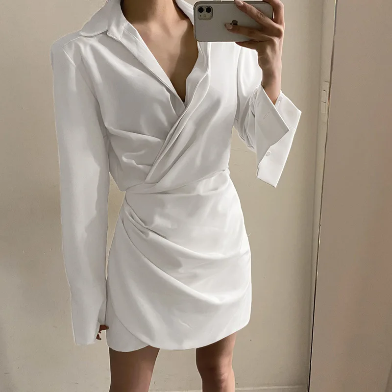 Temperament Wang Fried New Long Sleeve Shirt Dress Sexy Deep V Twist Lrregular Short Skirt Black White Apricot Three Colors