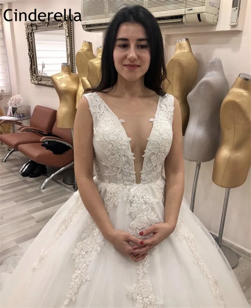 Vestido de noiva sem mangas com aplique nas costas, vestido de baile de princesa com apliques florais