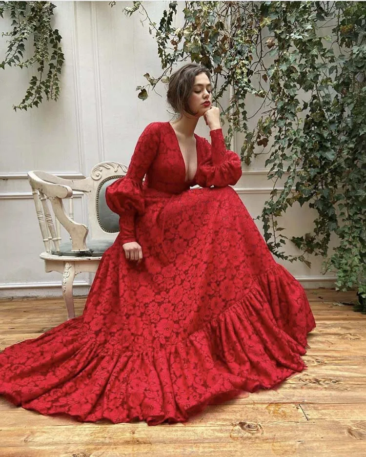 Glamorous Prom Dresses Deep V Neck Long Sleeve A Line Red Lace Gown