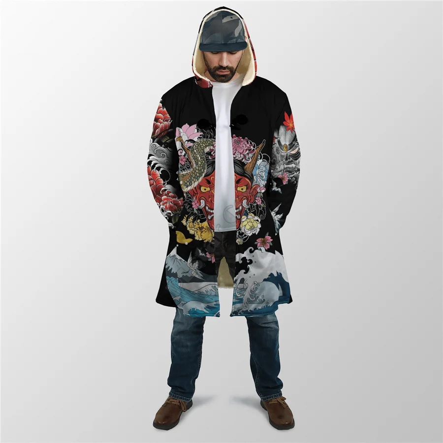 Winter Men For Women Hooded Cloak Japanese Oni Mask 3D Over Printed Cloak Fleece Wind breaker Warm Hood Cloak