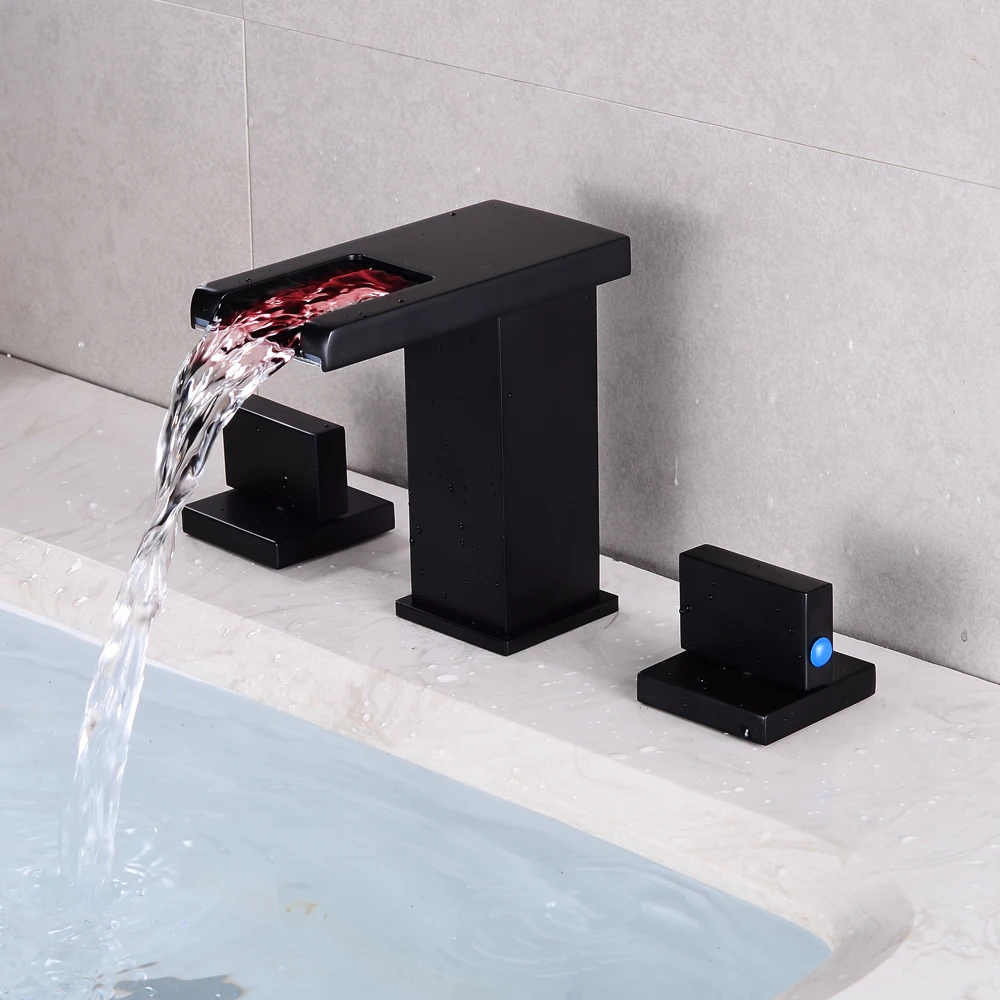 New Design Matte Black LED Light 3 Color White 3-Hole Dual Handle Waterfall Bath Tub Faucet Bathroom Sink Water Mixer Tap B3420