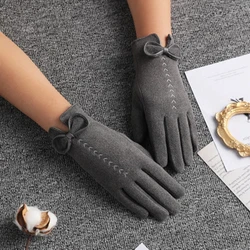 Female Cute Bow Embroidery Thin Plus Velvet Touch Screen Driving Mittens Winter Women Outdoor Cashmere Warm Cycling Gloves L25L