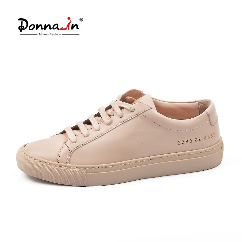 Donna-in Classic Genuine Leather Women White Flat Shoes Lace up Casual Sneakers Sheepskin Insole Autumn Female Shoes White Nude