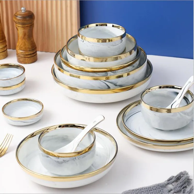 New Double-sided Gilt Rim Gray Marble Pattern Porcelain Dinner Tray Kitchen Plates Ceramic Food Dishes Rice Salad Noodles Bowl