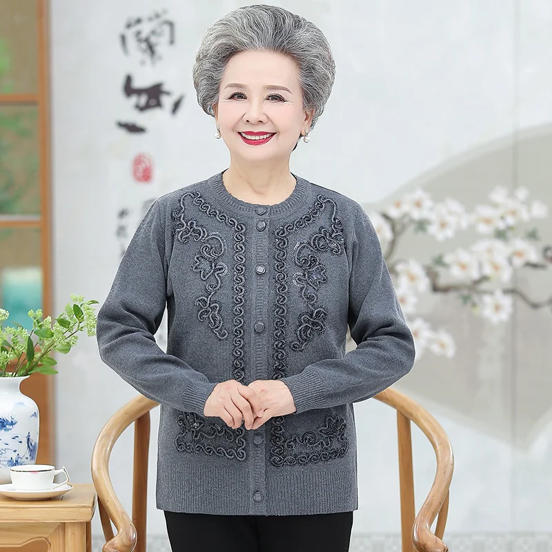 

Middle-Aged Elderly Women's Sweaters 2024 New Spring Autumn Knitted Cardigan Sweater Coat Elegant Knitwear Female Jacket