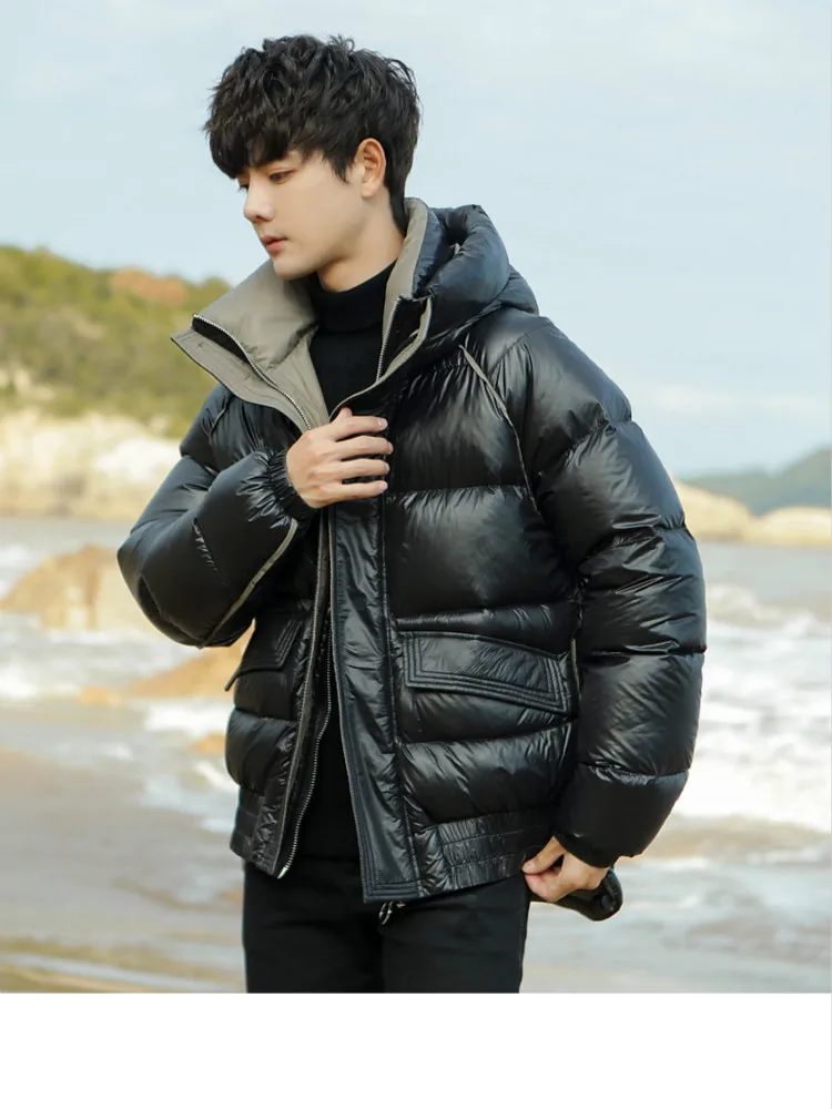 Mens Down Jacket New Winter Glossy Hooded Casual Youth Thickened Warm and Trendy White Duck Down