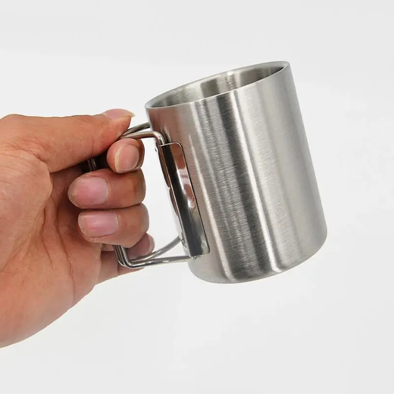 

New Double Folding Handle Stainless Steel Cup Coffee Beer Mug Camping Water Cup