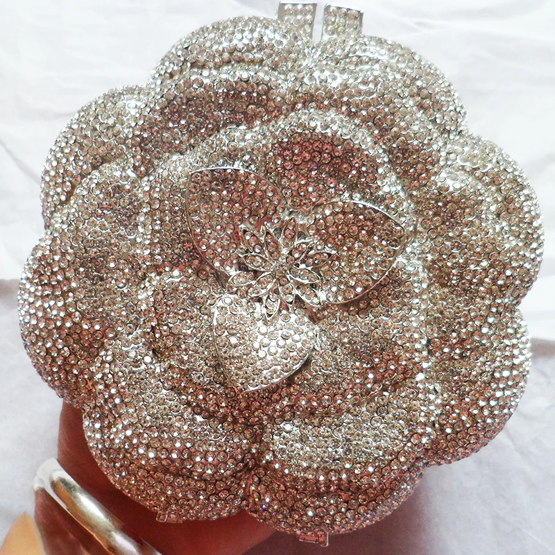 13 Colors Silver Metal Flower Evening Clutch Wedding Purse Luxury Diamond  Purse Female Floral Shape Bridal Shoulder Handbags