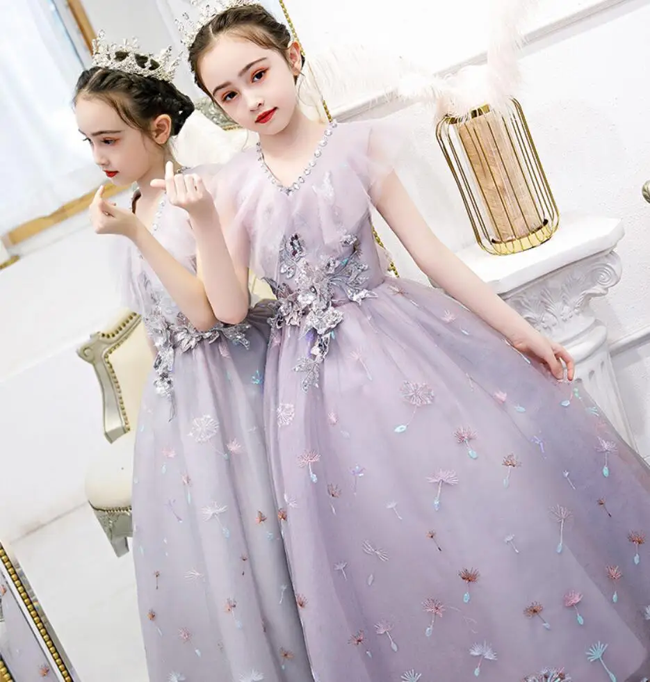 Violet Tulle Princess Dress for Girl Wedding Party Ball Gown Sequin Lace Long Prom Dress Toddler Kids Formal Birthday Vestidos