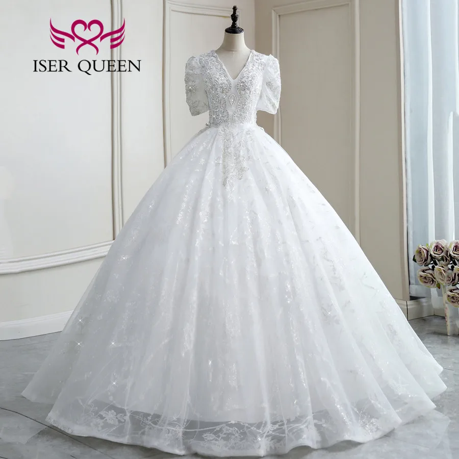 カスタムレースのボールガウン,半袖,Vネック,パール,ウェディングドレス,ファッション,ラージサイズ,wx0280