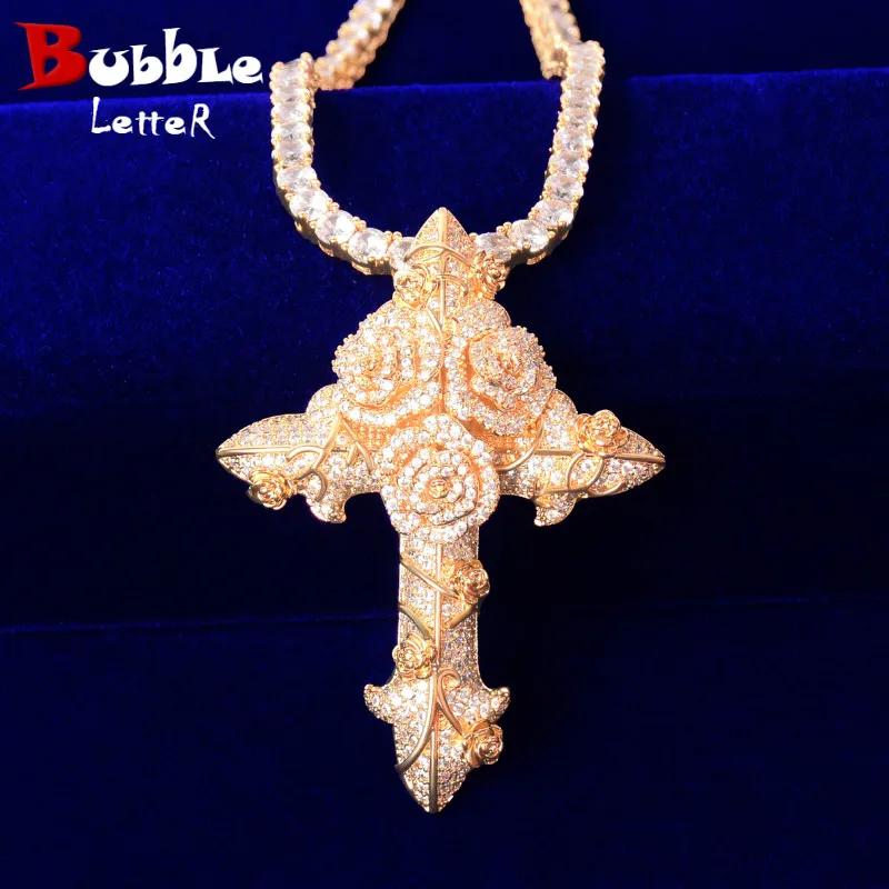 Bubble Letter Cross Flower Necklaces & Pendant Gold Color Plated Bling Cubic Zircon Men\'s Hip Hop Jewelry