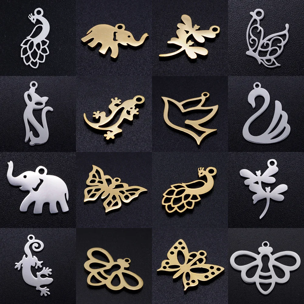 

5pcs/lot diy peacock swan stainless steel charm pendant wholesale butterfly dragonfly cat jewelry bracelet connector charms