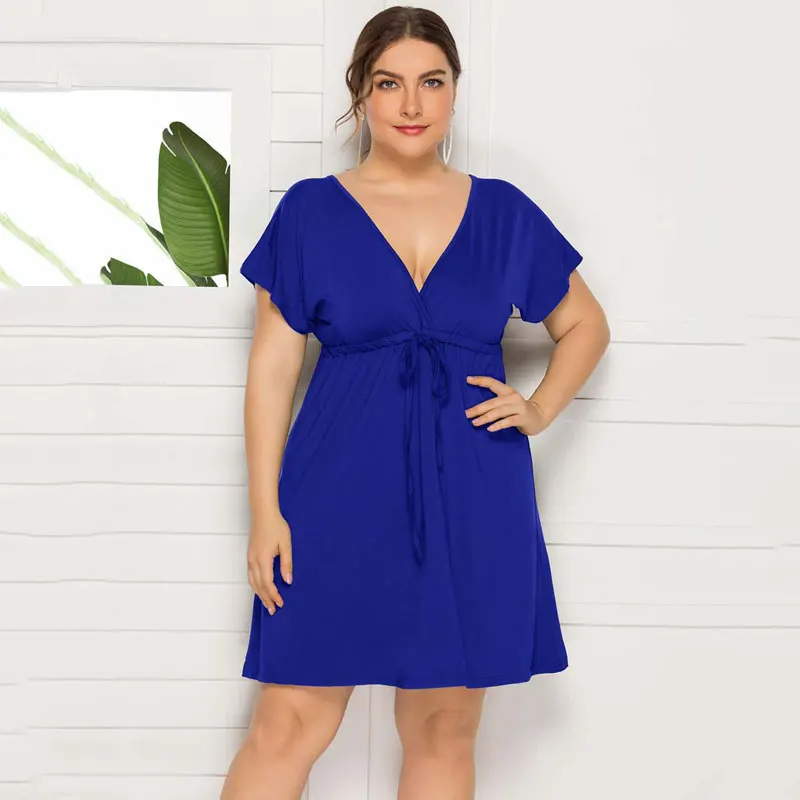 PLUS SIZE V Neck Short Sleeve Mini Dress Women Sundress Sexy Elastic Waist Frenulum Dresses Casual Loose Pullover Clothing