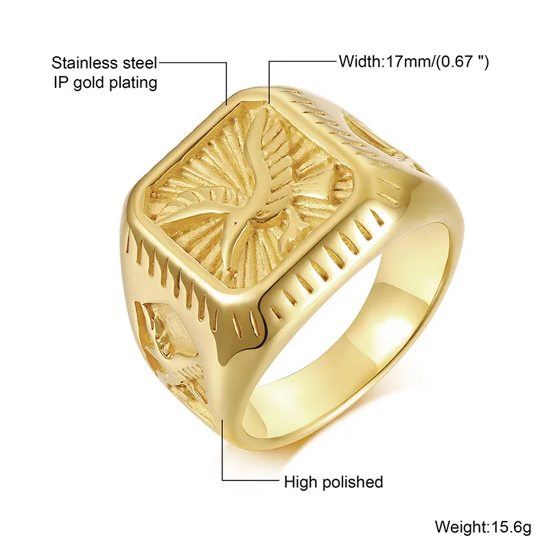 Vnox Punk 17mm Eagle Rings for Men, Gold Color Stainless Steel Chunky Finger Band, Rock Cool Male Jewelry #8- #12