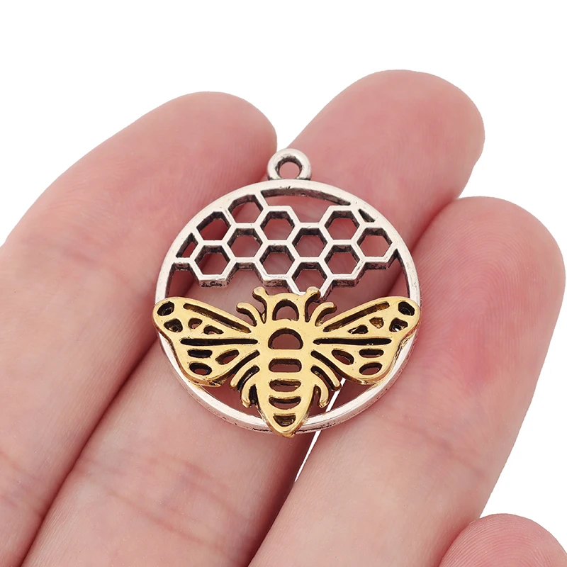 

10 x Tibetan Silver Gold Color Hollow Bee Honeycomb Honeybee Round Charms Pendants for DIY Jewelry Making Findings Accessories