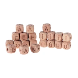 QHBC 100PCS 12mm Beech Wood Letter Loose Beads French Alphabet Bracelet Necklace Handmade Accessories Pacifier Chain DIY Wooden