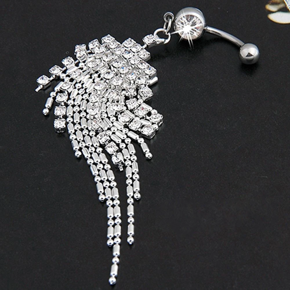 Women Rhinestone Tassel Long Chain Dangle Navel Bar Button Belly Ring Jewelry Rhinestone long dangle tassels navel belly button