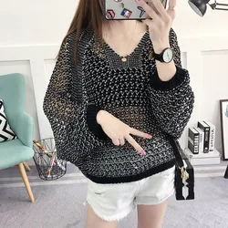 2023  Loose Hollow Out Knitted Pullover Crochet Bat wing Fashion Women Mesh Cool Pull Jumper Ladies Tops Oversized Sweaters