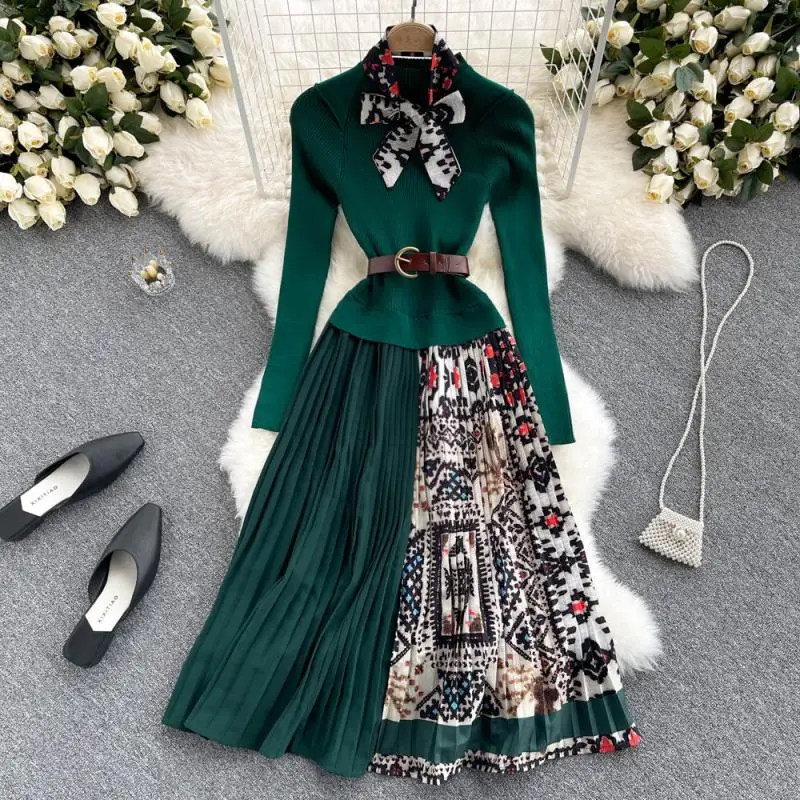 Banulin 2024 autunno inverno moda pista Vintage elastico vestito lavorato a maglia donna manica lunga Patchwork pieghettato abito longuette con