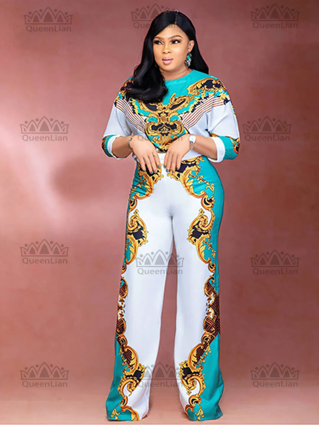 2024 Dashiki African Wide Leg Trousers 4 Colors New Fashion Suit (Dress and Trousers) Short Sleeves  For Lady(KJK#)