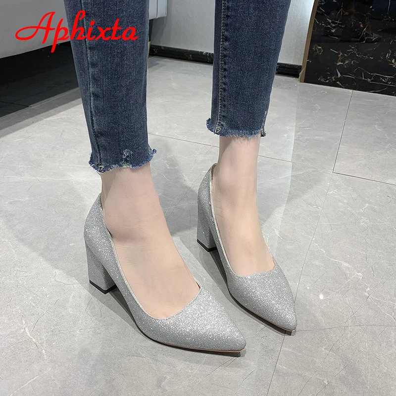 Aphixta Pointed Toe Shoes Women Pumps 7.5cm Career Square Heels Bling Fashion Work Office Party Shoes Super Big Size 49 50