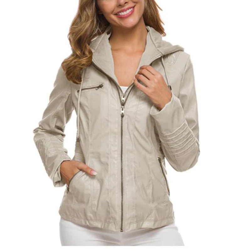 Customizable Hooded Leather Jacket Autumn Winter women's with zipper leather jacket short PU jacket coat Suit Jackets
